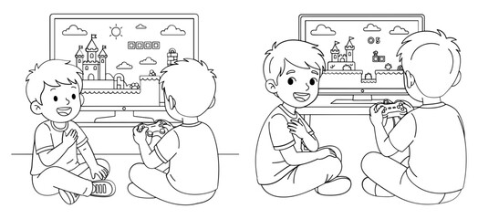 Vector art of two boys playing video game, cartoon character line art vector illustration