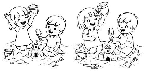 Vector art of two little kids playing with sand on beach sandcastle and bucket