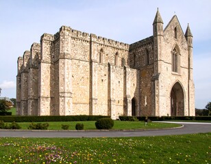 Fototapeta premium Exterior of a large, light-beige stone church with manicured grounds