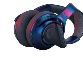 Sleek, deep sapphire blue metallic over-ear headphone earcup with micro-perforated grille, compressed memory foam, crimson and cerulean reflections on transparent, advanced audio technology concept