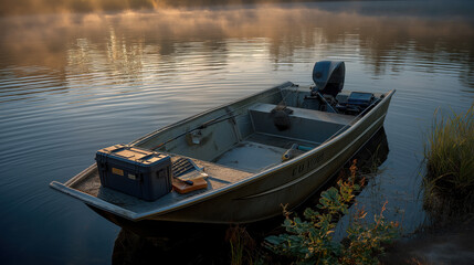 An aluminum boat rocks gently on still waters as morning mist curls above, a quiet moment of calm and reflection.
