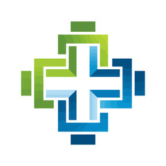Obraz premium Abstract cross design featuring interwoven green and blue elements, against a white background