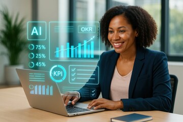 Business woman analyzing ai metrics modern office digital performance dashboard professional environment engaging perspective