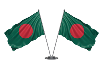 Proudly Displaying Bangladesh: Two Waving Flags Symbolizing National Pride and Unity, Perfect for Patriotic Celebrations and Global Awareness Campaigns