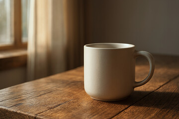 White Ceramic Coffee Mug on Rustic Wooden Table in Sunlight