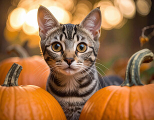 Curious tabby kitten sitting among pumpkins in a warm autumn setting.