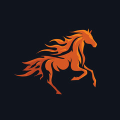 Stylized fiery orange horse leaps forward on a dark blue, near-black background