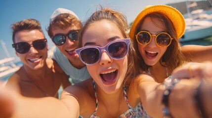 summer holidays vacation and happiness concept  group of friends taking selfie with smartphone no logos no brands ar 169