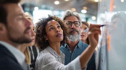 diverse group of focused businesspeople brainstorming together on a whiteboard during a strategy session in a bright modern office no logos no brands ar 169
