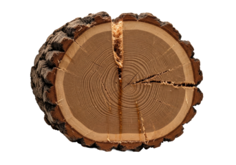 Massive, freshly cut oak log, split in half, revealing gnarled bark, moist wood grain, growth rings, oozing sap, and sawdust on a transparent background, macro study of organic beauty