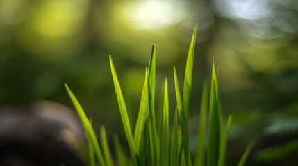 shallow. Fresh spring grass blades highlighted by sunlight with a soft, blurred effect. travel magazines, destination branding, designed for outdoor magazines and nature guides.
