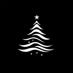 Obraz premium Stylized white Christmas tree made of curved lines and stars, minimalist graphic style, on a solid black background, concept of modern festive art