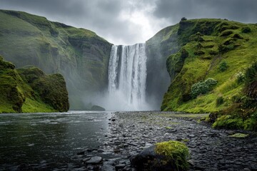 Fototapeta premium Majestic waterfall cascading down green hills