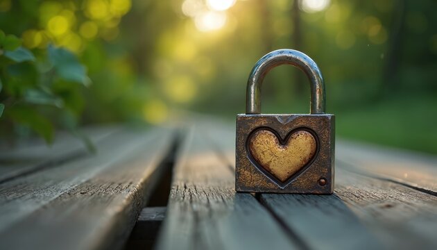 Old metal padlock with heart shape engraving rests on weathered wooden planks. Soft light filters through green foliage in the background creating a serene natural atmosphere.