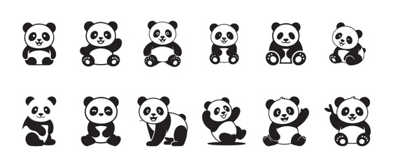 Obraz premium Panda icon silhouette set, cute panda bear set vector silhouette, collection black and white panda bear, cartoon panda, vector illustration EPS 10.