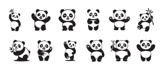 Panda icon silhouette set, cute panda bear set vector silhouette, collection black and white panda bear, cartoon panda, vector illustration EPS 10. © MST
