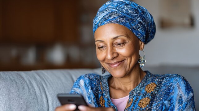 smiling middle aged african woman with traditional head turban sitting on couch at home using smartphone beautiful african american woman with typical headscarf scrolling through internet on phone no