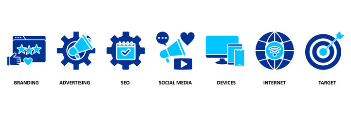 Digital marketing icon set vector illustration concept with icon of Branding, Advertising, Seo Marketing, Social Media, Electronic Devices, Internet, Target.