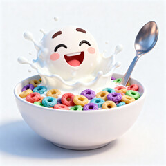 Bowl of cereal with smiling milk character and spoon