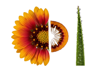 Vibrant orange Gaillardia flower with deep crimson petals, velvety, bisected to reveal pollen-dusted anthers & stamens, next to dew-kissed grass, isolated on gray, concept of botanical scientific