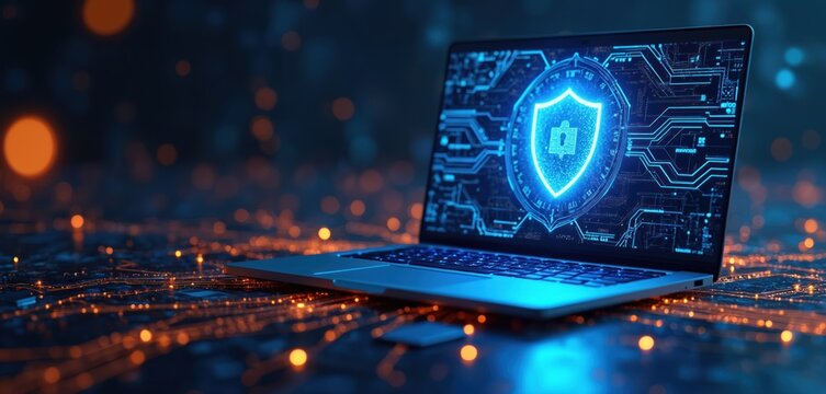 Laptop displays glowing blue shield with key symbol on circuit board background. Digital data flows, signifying cybersecurity and network protection. - Powered by Adobe