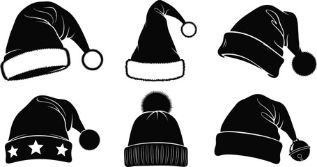 Christmas Santa hat silhouette, winter beanie icon, holiday festive headwear, pom pom cap design, seasonal fashion accessory, black vector illustration