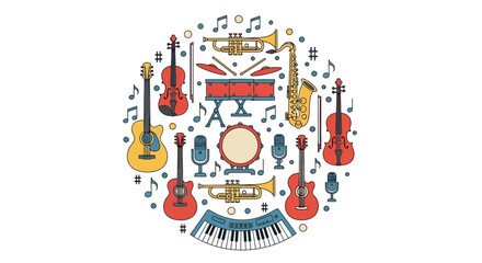 Naklejka premium Colorful circular arrangement of various musical instruments, including violins, guitars, trumpets, saxophones, drums, and a keyboard, surrounded by musical notes.