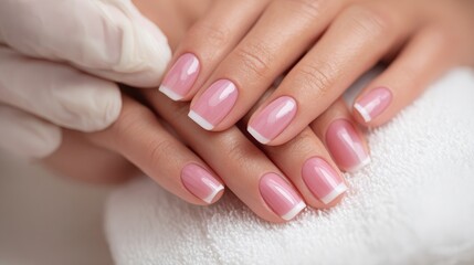 hand of young woman receiving french manicure by beautician at nail salon no logos no brands ar 169