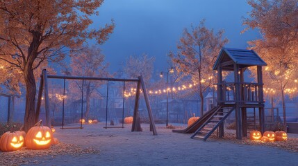 outdoor halloween setup a spooky playground scene with glowing jackolanterns and autumn trees creating a festive halloween atmosphere