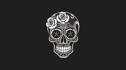 Ornate sugar skull design with decorative roses, set against a dark background.