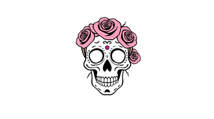 A stylized skull adorned with pink roses, a whimsical representation of death and beauty.