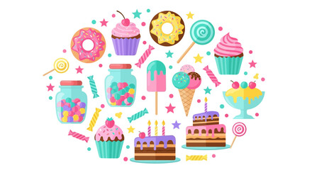 A colorful collection of cartoon sweets and desserts, including cake, donuts, ice cream, and cupcakes, arranged in a festive oval shape.