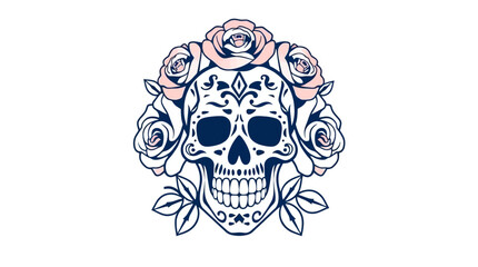 A stylized skull adorned with roses and intricate floral patterns, a design element.