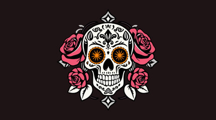 Ornate sugar skull with floral accents, featuring roses and decorative patterns, set against a dark background.