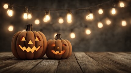 Fototapeta premium two carved pumpkins with lit faces sit on a wood surface amid a string of lights and background bokeh