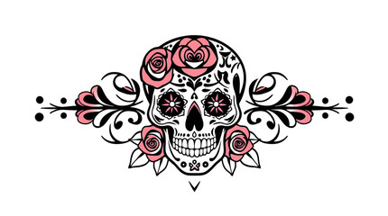 Intricate black and white skull design decorated with pink roses and floral elements.