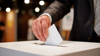Obraz premium Casting a vote. Citizen places a ballot in the box. The act represents civic duty, democratic process, and participating in election choices for government.