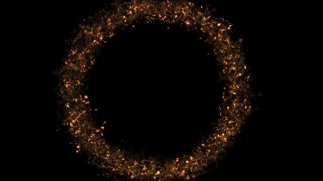 Golden circle, frame, gold flame from circle form, golden particles, golden border, Alpha Channel Loop Background