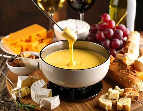 Cheese fondue with assorted cheeses and bread - Powered by Adobe