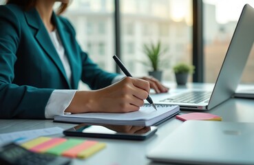 Woman in teal suit writes in notebook near laptop at office desk. She uses pen for notes, taking calls, and digital work. Background has plants and sunlight.