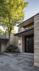 Fototapeta premium facade. Modern residential architecture with clean lines, bathed in neutral tones under daylight. real-estate listings. 