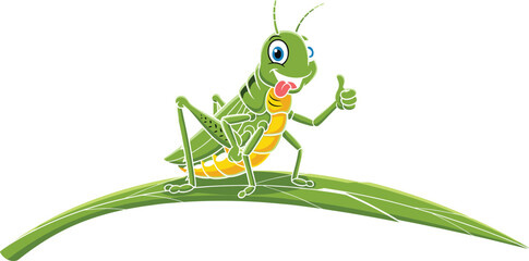 Cartoon grasshopper standing on green leaf with thumbs-up gesture, cheerful insect character, vector illustration for kids, nature, environment, and education content