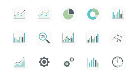 A collection of flat design data analysis and business infographic icons including charts graphs and gears.