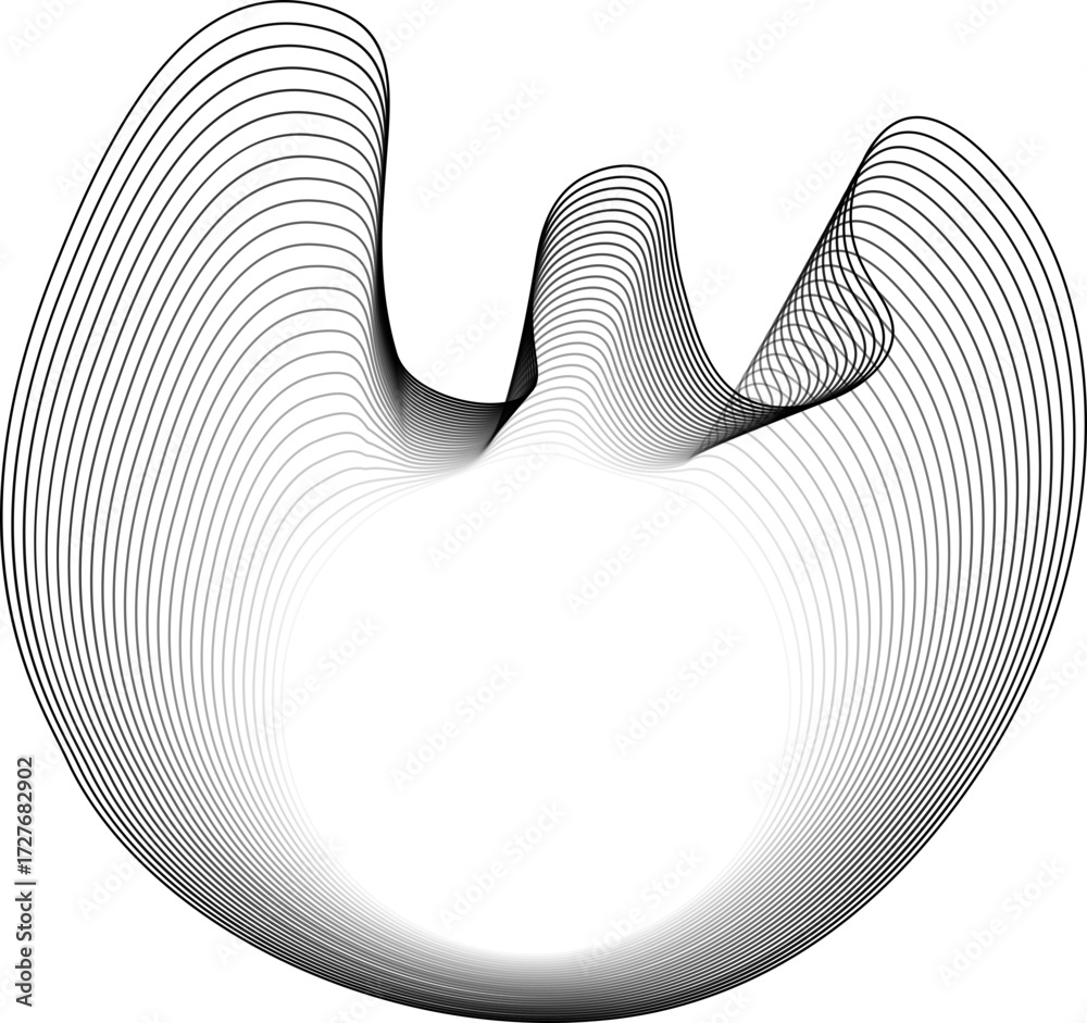 Wall mural abstract shape with a glowing circular center and three dynamic flowing extensions in a trident-like