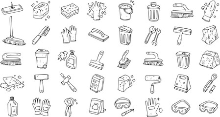 Cleaning Tools Doodle Set: Hand-Drawn Illustration of Essential Supplies for Home, Office, and Industrial Cleaning