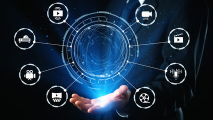 Multimedia technology with video, audio, photo and streaming icons representing digital media, communication and online platforms in a modern multimedia world. Gist