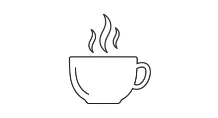 Simple black line art icon of a steaming hot coffee or tea cup.