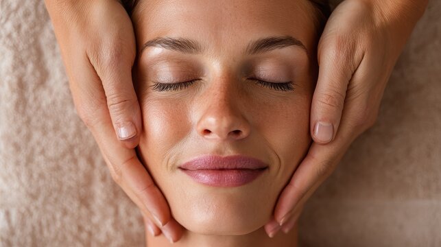 wellness beauty and relaxation concept  beautiful young woman lying with closed eyes and having face and head massage at spa no logos no brands ar 169