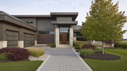 facade. Modern residential architecture with clean lines, bathed in neutral tones under daylight. real-estate listings.
