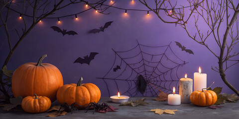 purple halloween background with pumpkins bats and decor spiders web 